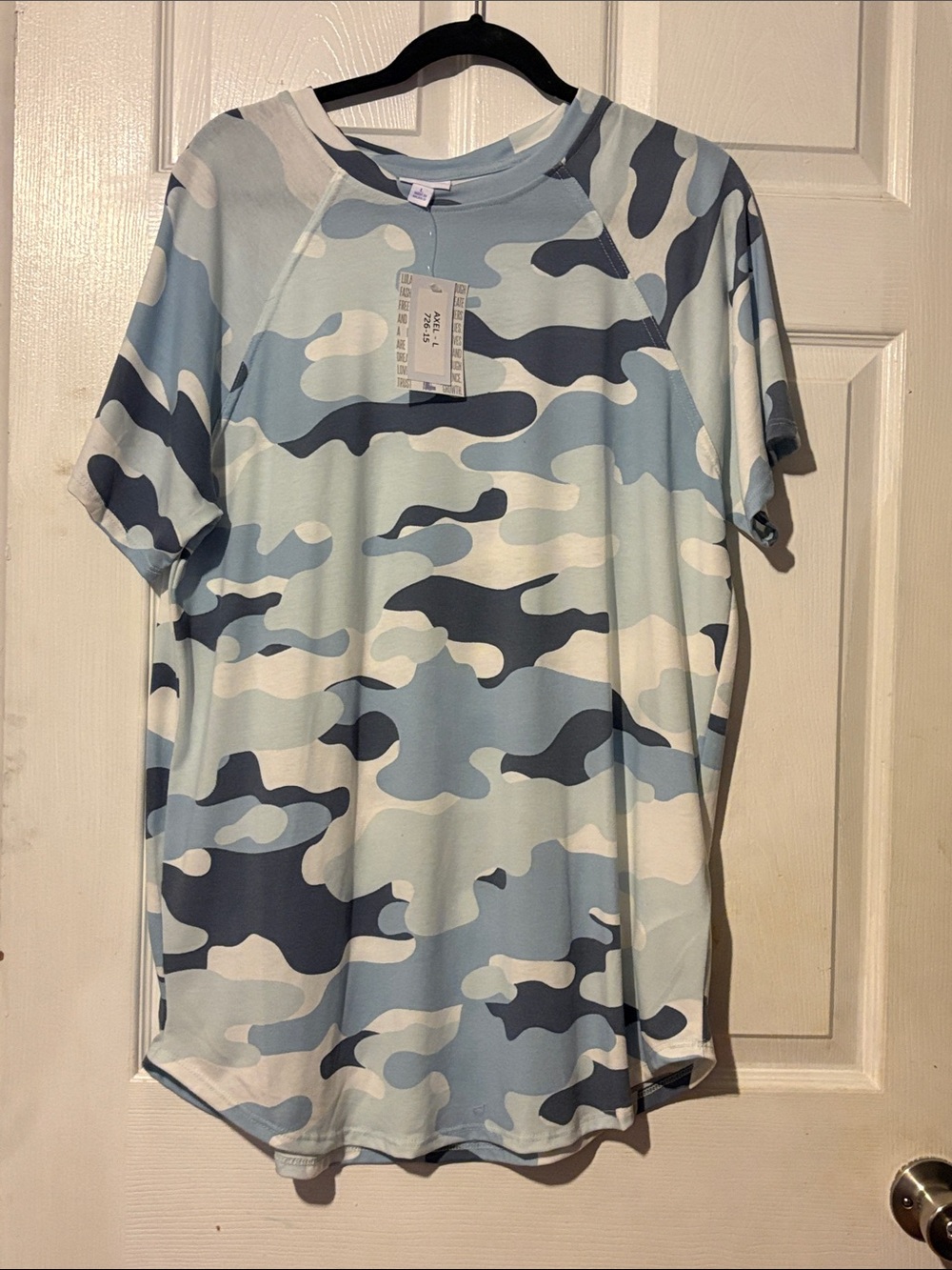 LuLaRoe Axel Blue & White Camo Short Sleeve Tee